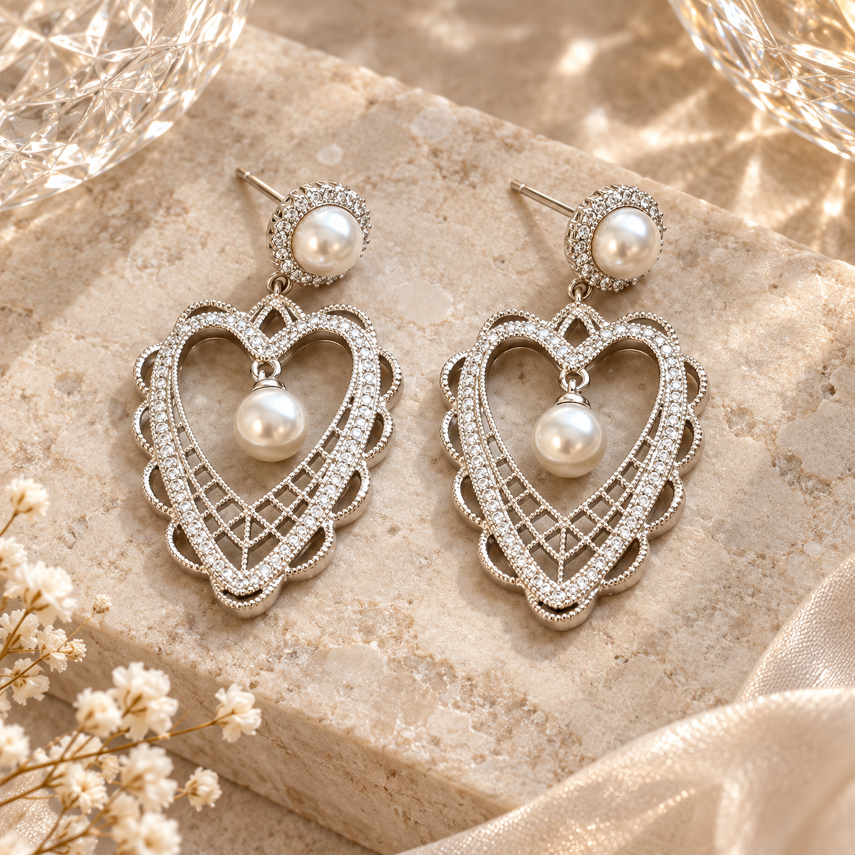 Livavixo® Pearl Heart Drop Earrings for Women – Crystal Statement Dangle Earrings