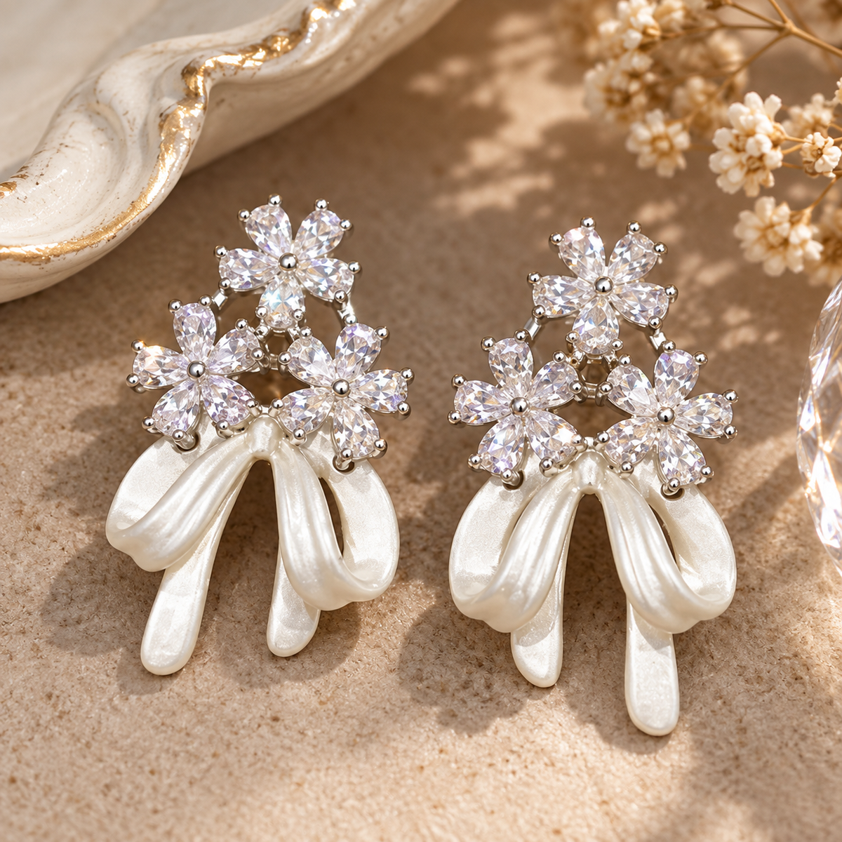 Livavixo® Crystal Floral Pearl Drop Earrings for Women – Elegant Bow Statement Earrings