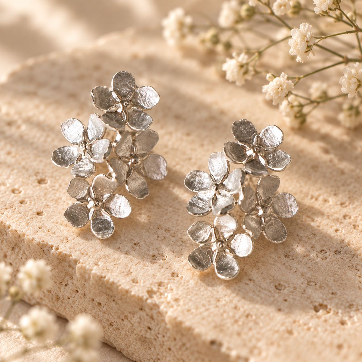 Livavixo® Silver Floral Cluster Earrings for Women – Elegant Flower Statement Stud Earrings