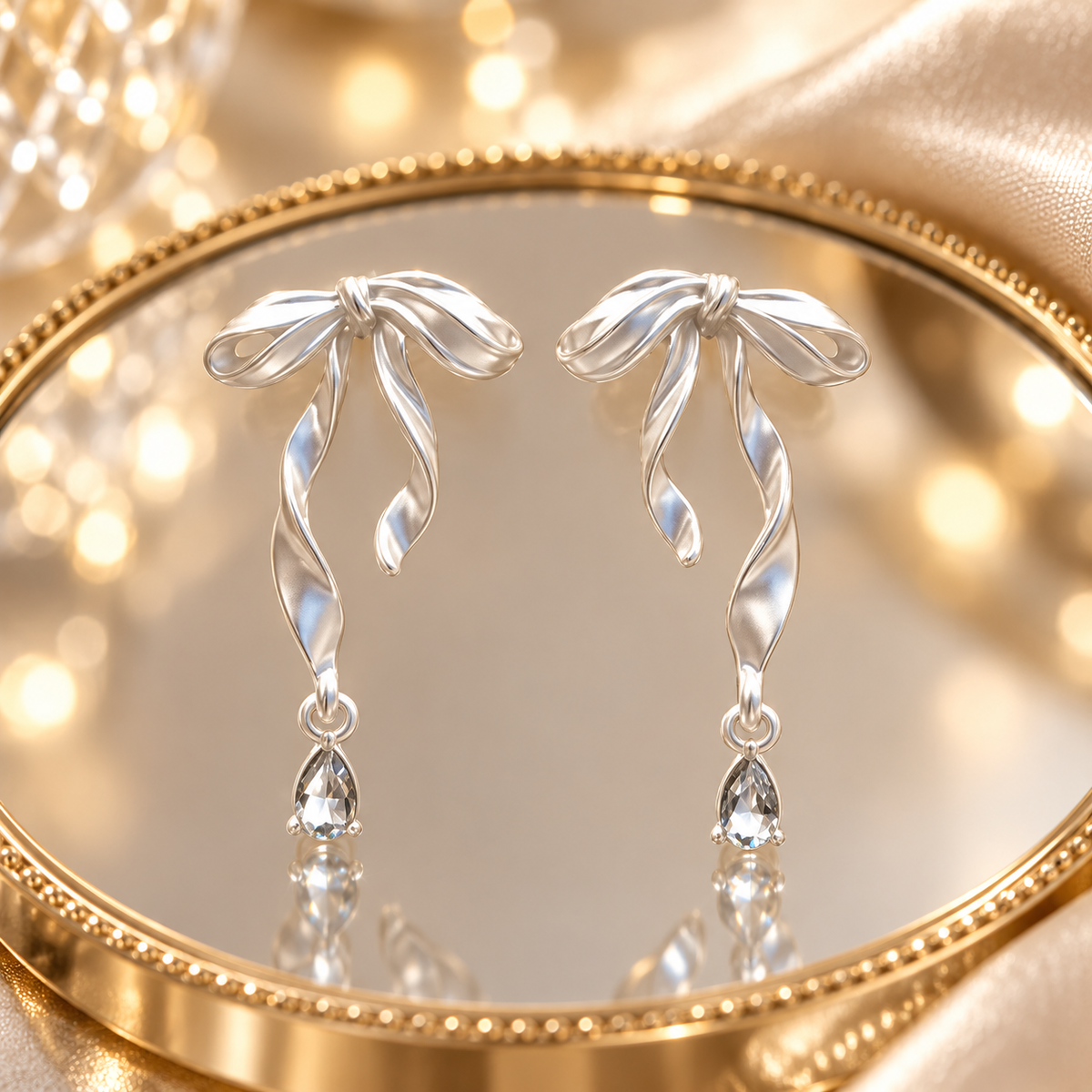 Livavixo® Silver Bow Drop Earrings for Women – Crystal Teardrop Dangle Earrings