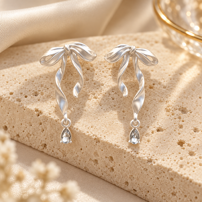 Livavixo® Silver Bow Drop Earrings for Women – Crystal Teardrop Dangle Earrings