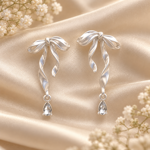 Livavixo® Silver Bow Drop Earrings for Women – Crystal Teardrop Dangle Earrings