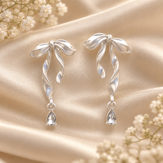 Livavixo® Silver Bow Drop Earrings for Women – Crystal Teardrop Dangle Earrings