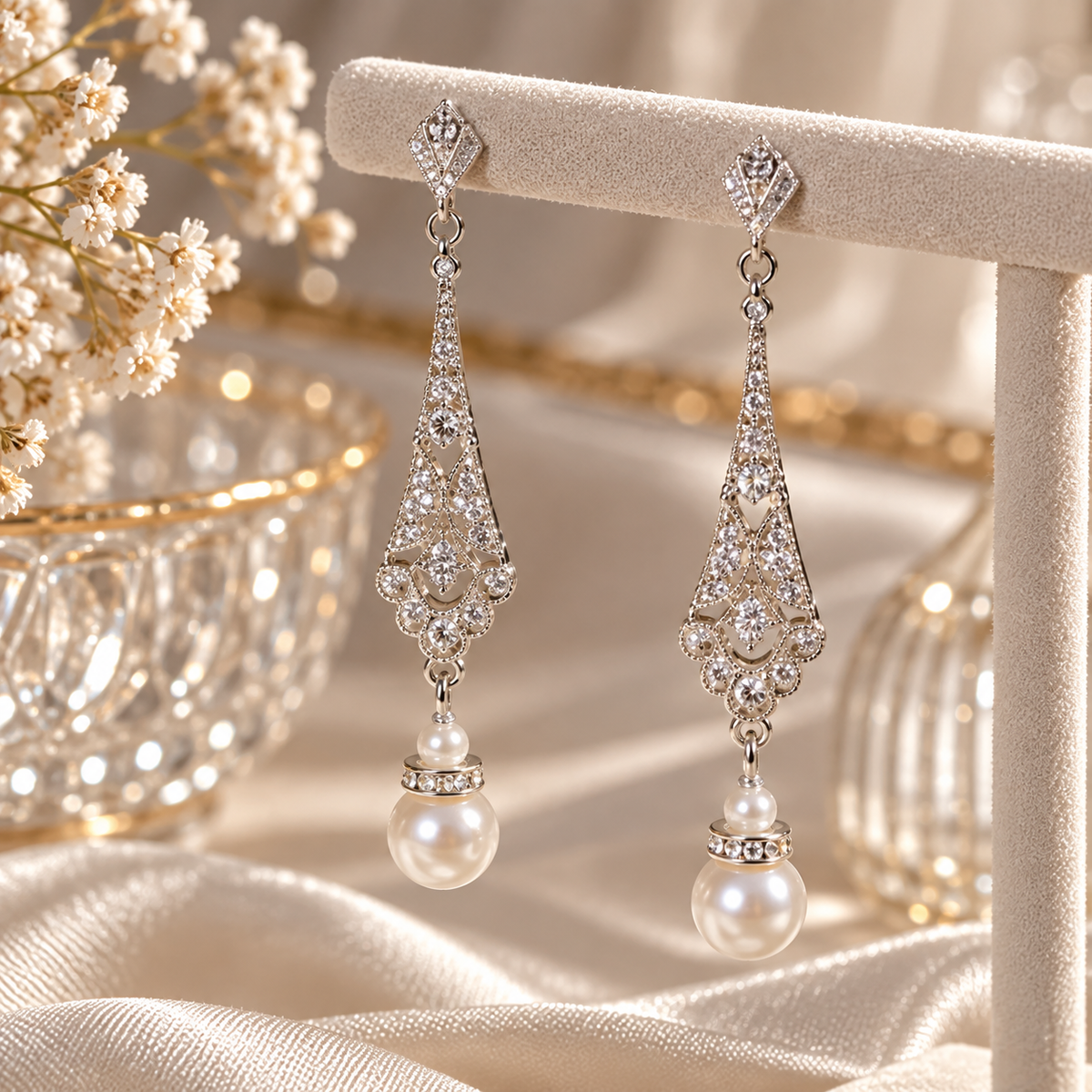 Livavixo® Vintage Pearl Drop Earrings for Women – Silver Filigree Crystal Dangle Earrings
