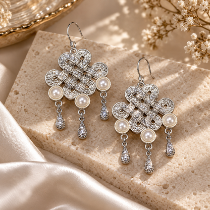 Livavixo® Vintage Pearl Knot Drop Earrings for Women – Silver Filigree Dangle Earrings