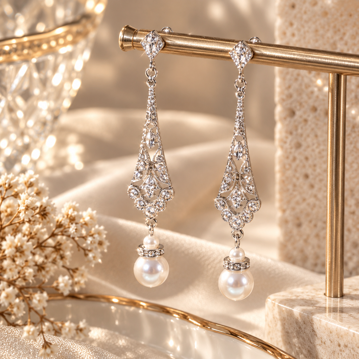 Livavixo® Vintage Pearl Drop Earrings for Women – Silver Filigree Crystal Dangle Earrings