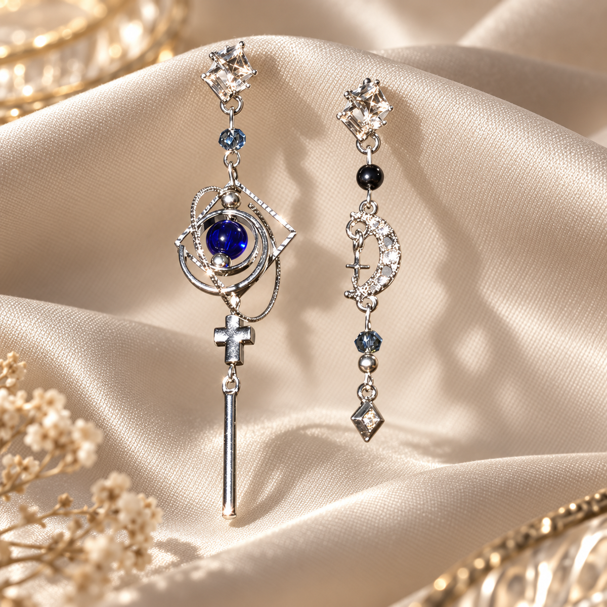 Livavixo® Celestial Mismatched Drop Earrings for Women – Moon & Orb Silver Dangle Earrings