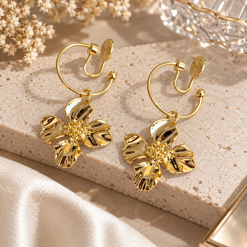 Livavixo® Gold Flower Drop Earrings for Women – Elegant Floral Hoop Earrings
