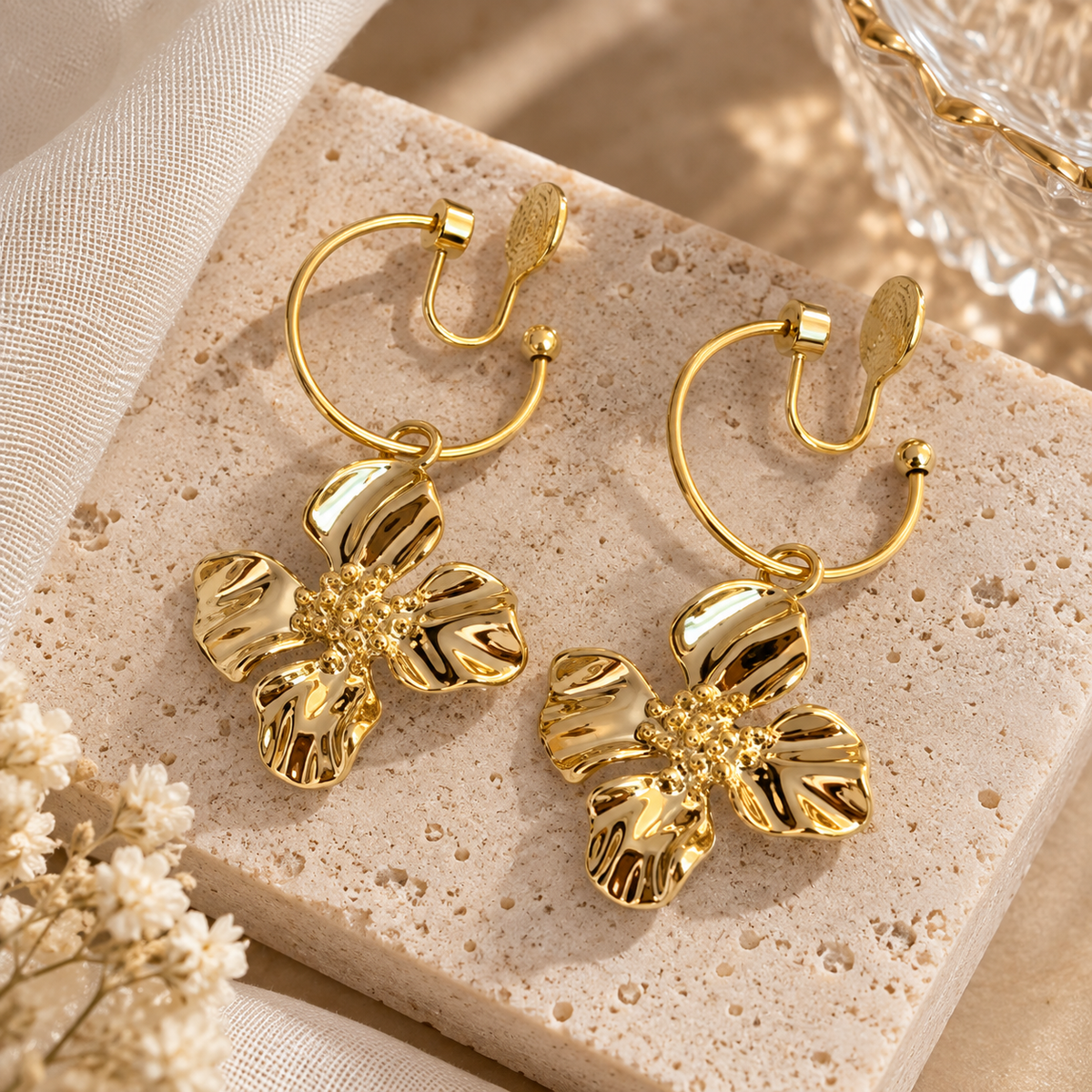 Livavixo® Gold Flower Drop Earrings for Women – Elegant Floral Hoop Earrings