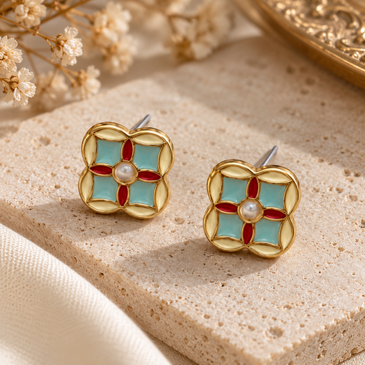 Livavixo® Vintage Enamel Floral Stud Earrings for Women – Pearl Accent Gold-Tone Earrings