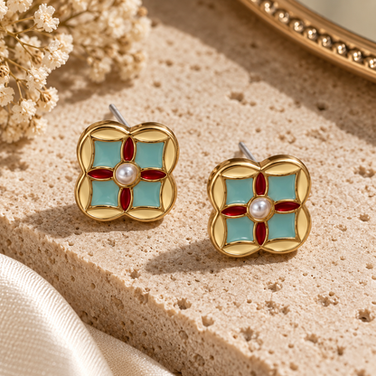Livavixo® Vintage Enamel Floral Stud Earrings for Women – Pearl Accent Gold-Tone Earrings