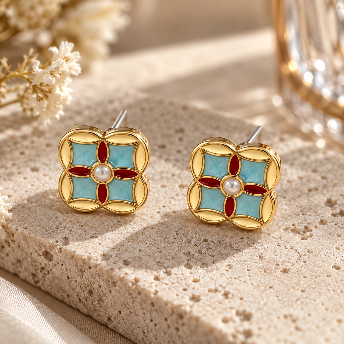 Livavixo® Vintage Enamel Floral Stud Earrings for Women – Pearl Accent Gold-Tone Earrings