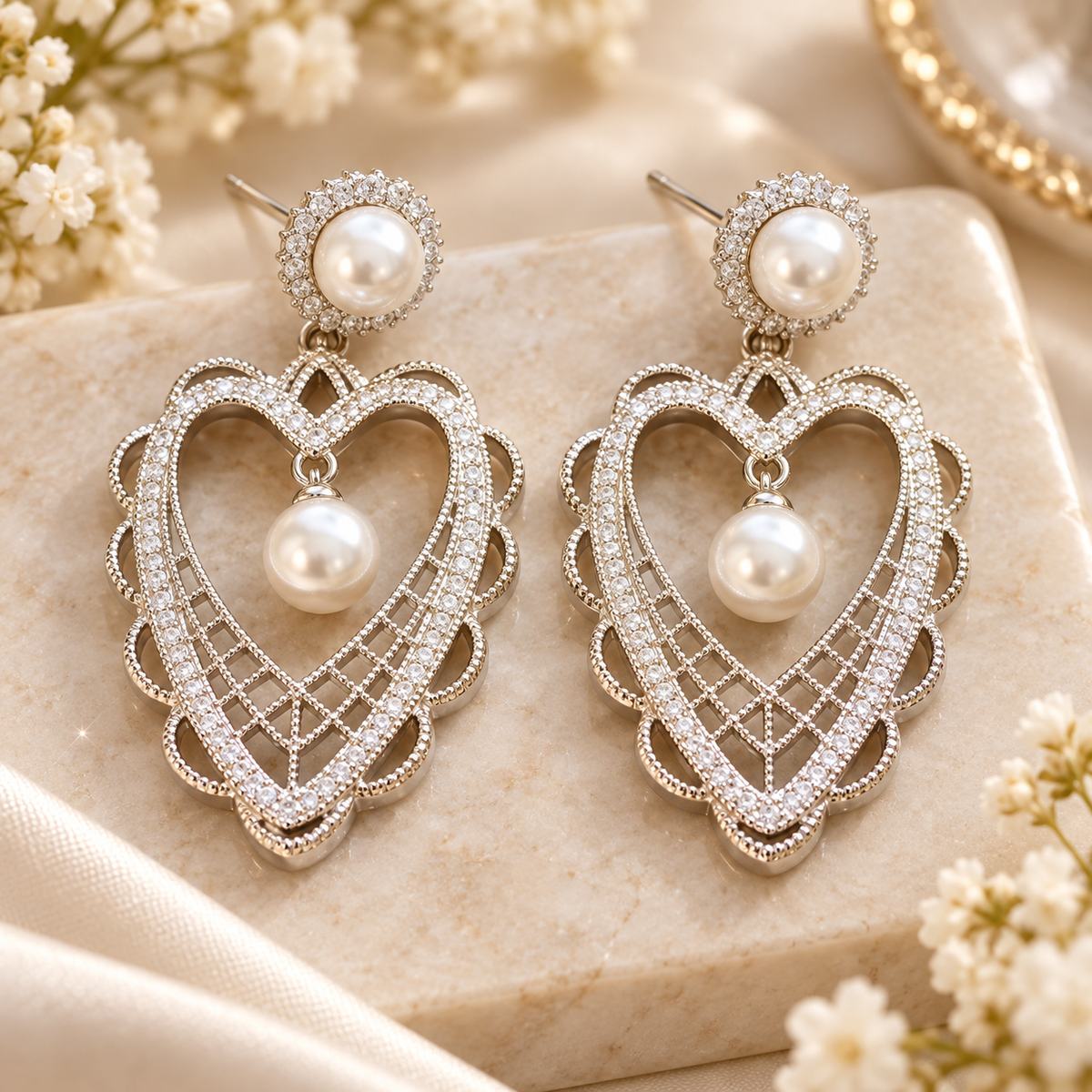 Livavixo® Pearl Heart Drop Earrings for Women – Crystal Statement Dangle Earrings