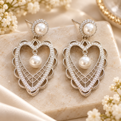 Livavixo® Pearl Heart Drop Earrings for Women – Crystal Statement Dangle Earrings