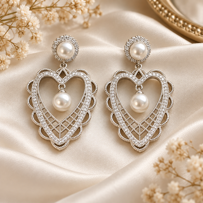 Livavixo® Pearl Heart Drop Earrings for Women – Crystal Statement Dangle Earrings