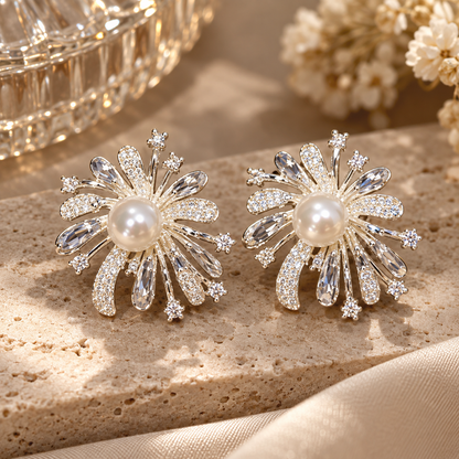 Livavixo® Pearl Crystal Floral Stud Earrings for Women – Sparkling Statement Earrings