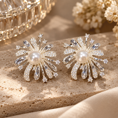 Livavixo® Pearl Crystal Floral Stud Earrings for Women – Sparkling Statement Earrings