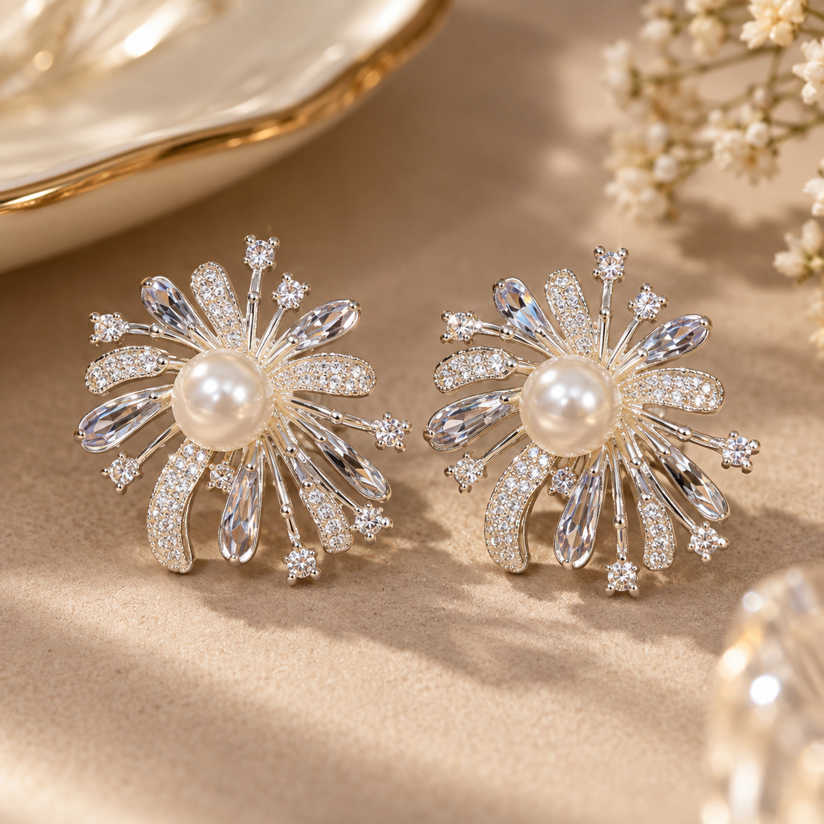 Livavixo® Pearl Crystal Floral Stud Earrings for Women – Sparkling Statement Earrings