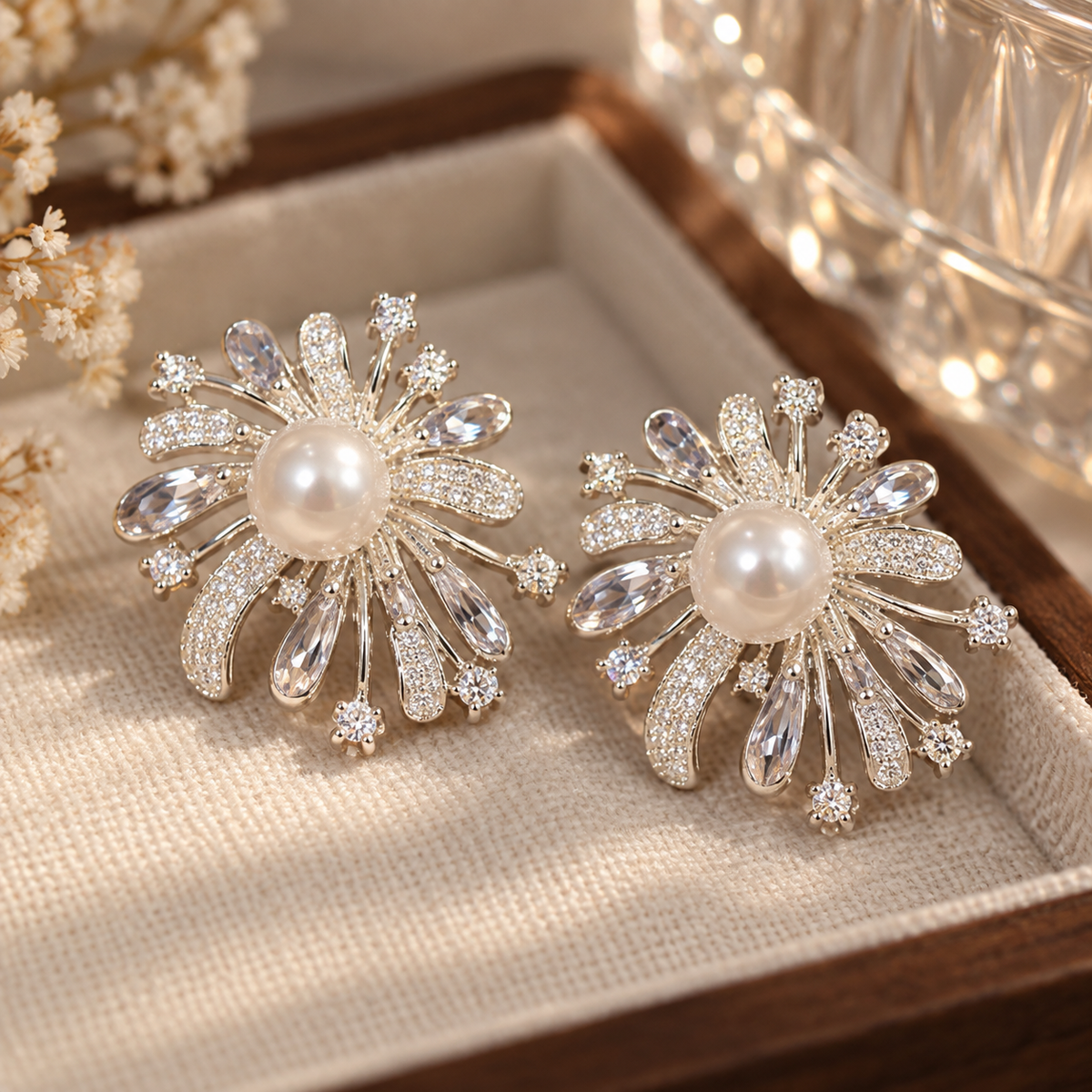 Livavixo® Pearl Crystal Floral Stud Earrings for Women – Sparkling Statement Earrings