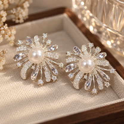Livavixo® Pearl Crystal Floral Stud Earrings for Women – Sparkling Statement Earrings