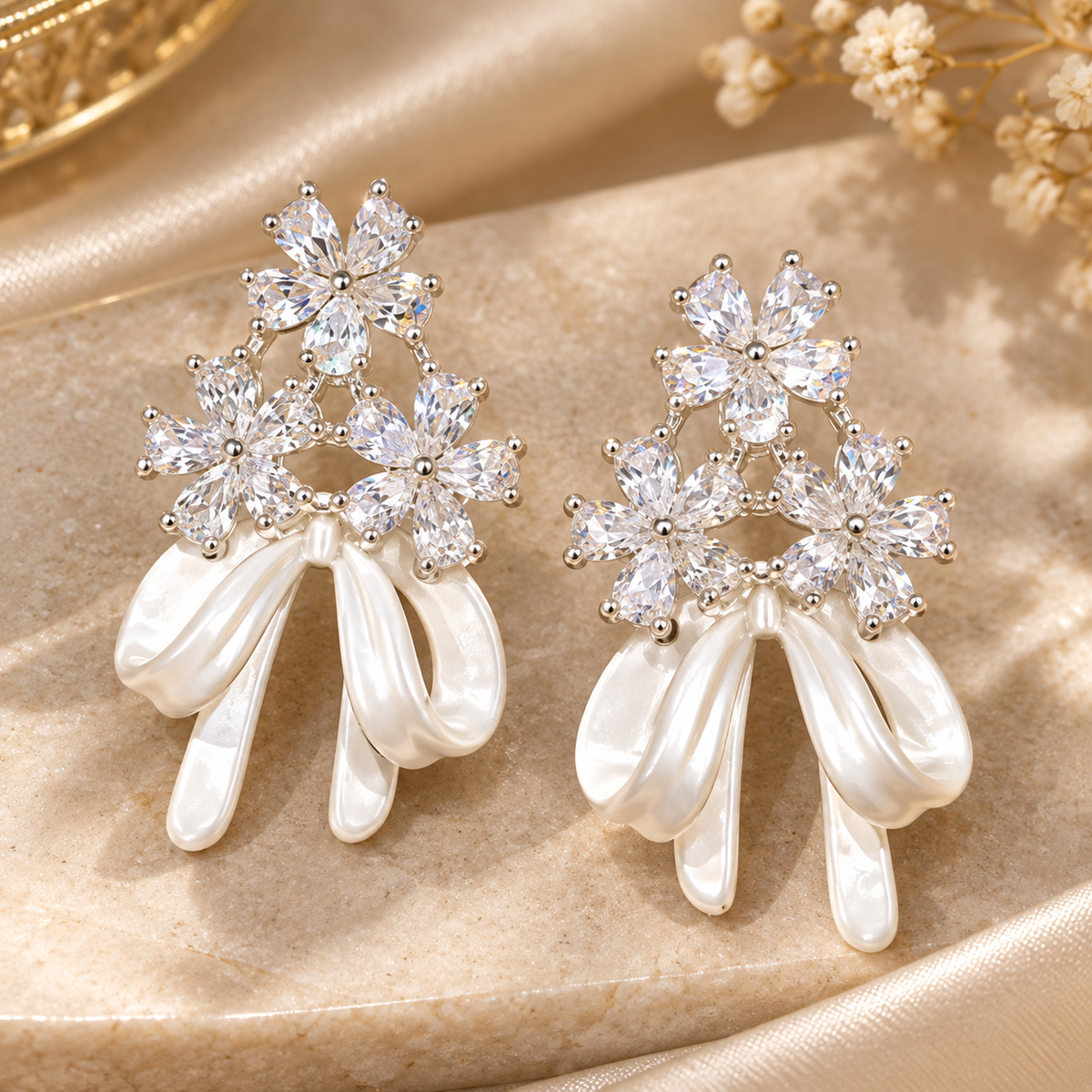 Livavixo® Crystal Floral Pearl Drop Earrings for Women – Elegant Bow Statement Earrings