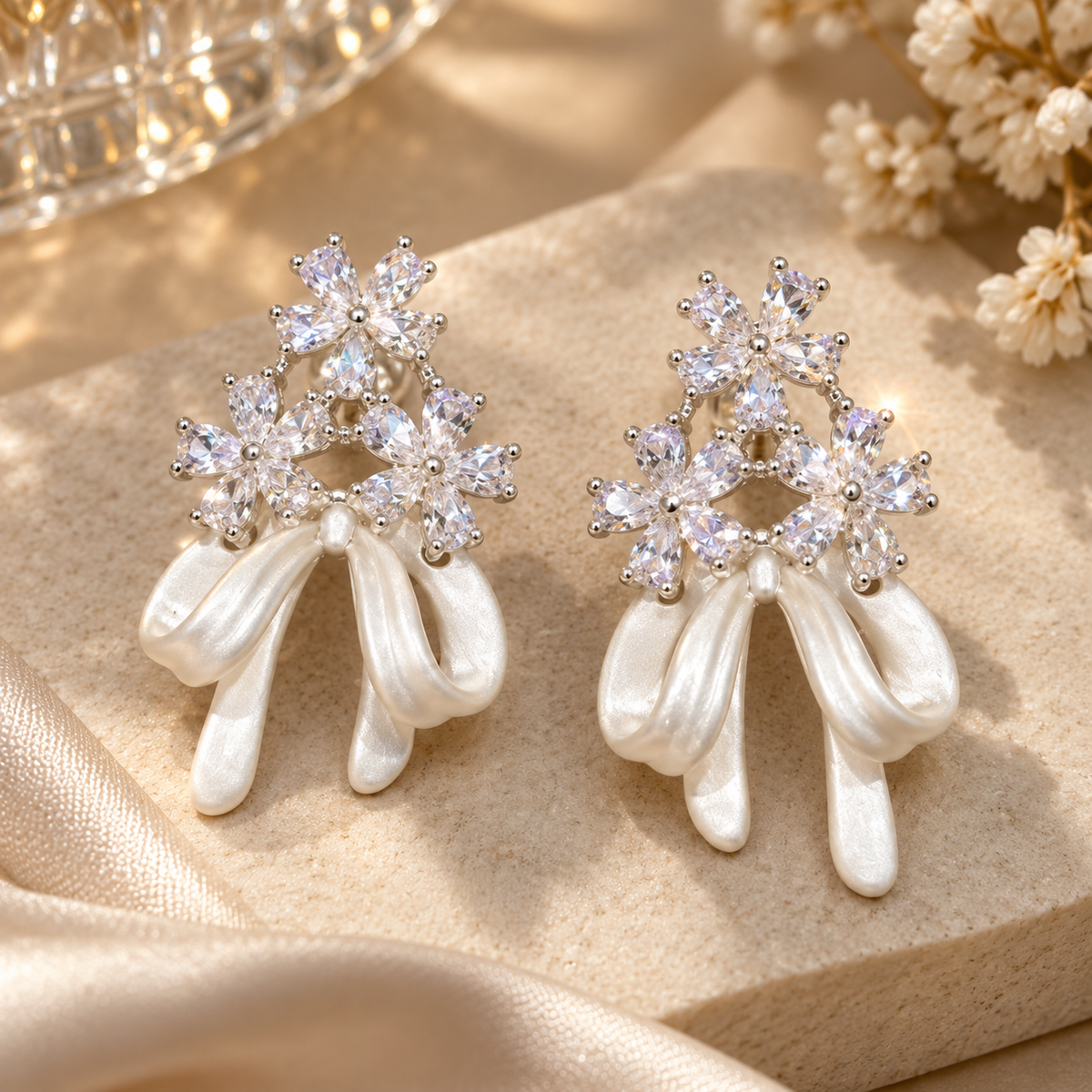 Livavixo® Crystal Floral Pearl Drop Earrings for Women – Elegant Bow Statement Earrings