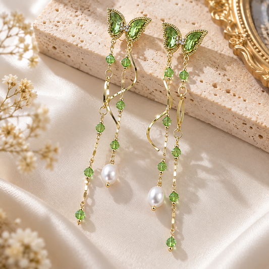 Livavixo® Green Butterfly Crystal Dangle Earrings with Pearl Drops for Women