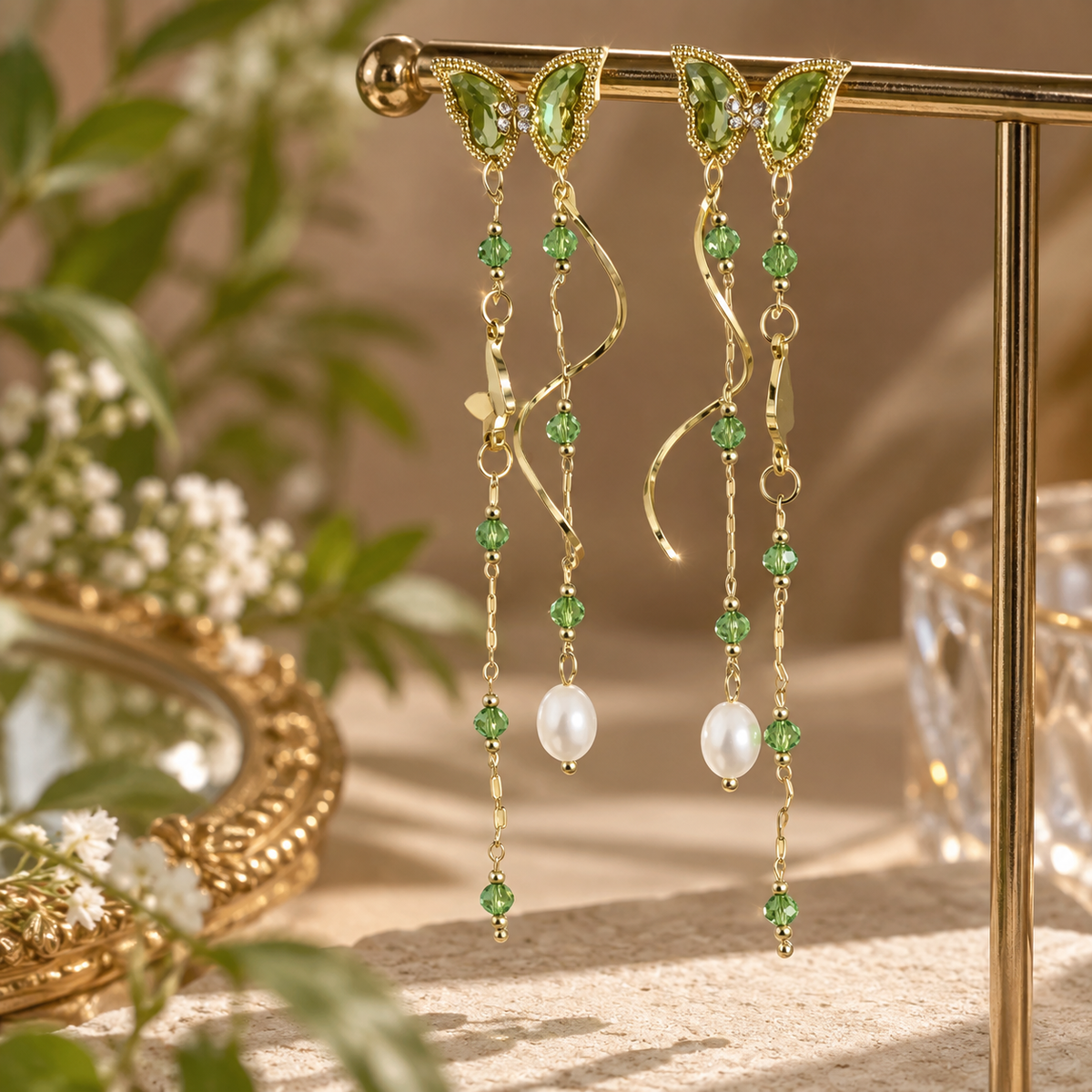 Livavixo® Green Butterfly Crystal Dangle Earrings with Pearl Drops for Women