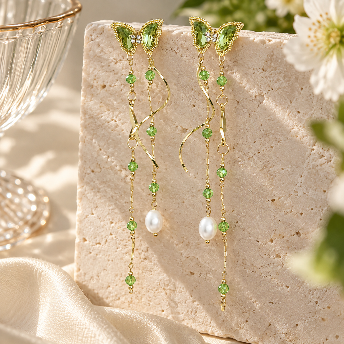 Livavixo® Green Butterfly Crystal Dangle Earrings with Pearl Drops for Women