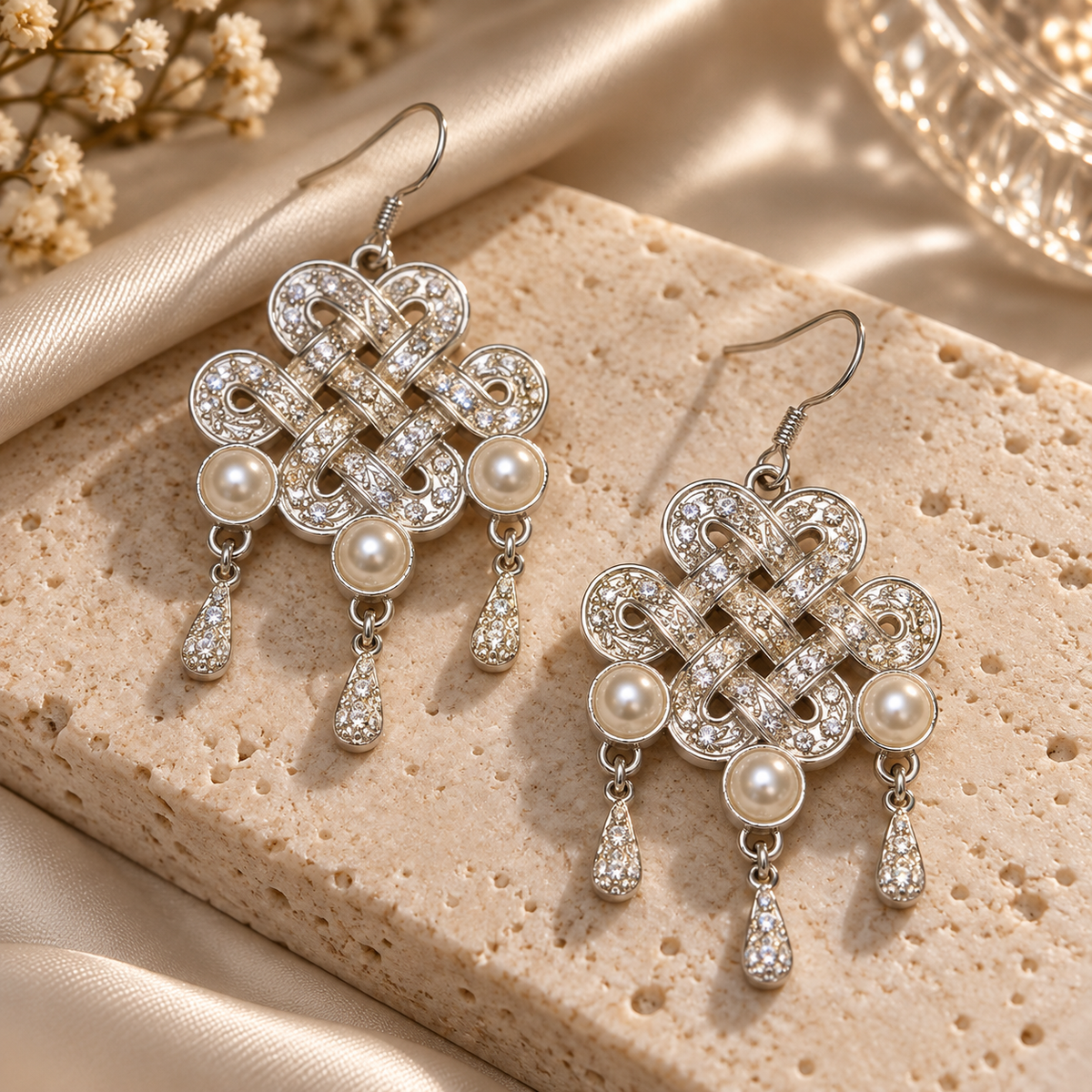 Livavixo® Vintage Pearl Knot Drop Earrings for Women – Silver Filigree Dangle Earrings