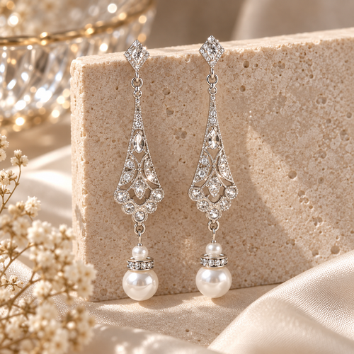Livavixo® Vintage Pearl Drop Earrings for Women – Silver Filigree Crystal Dangle Earrings