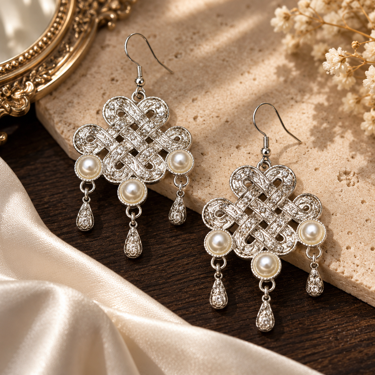 Livavixo® Vintage Pearl Knot Drop Earrings for Women – Silver Filigree Dangle Earrings