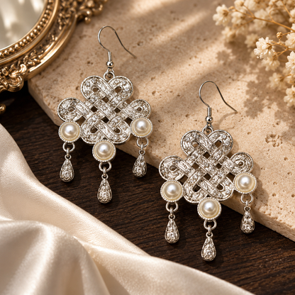 Livavixo® Vintage Pearl Knot Drop Earrings for Women – Silver Filigree Dangle Earrings